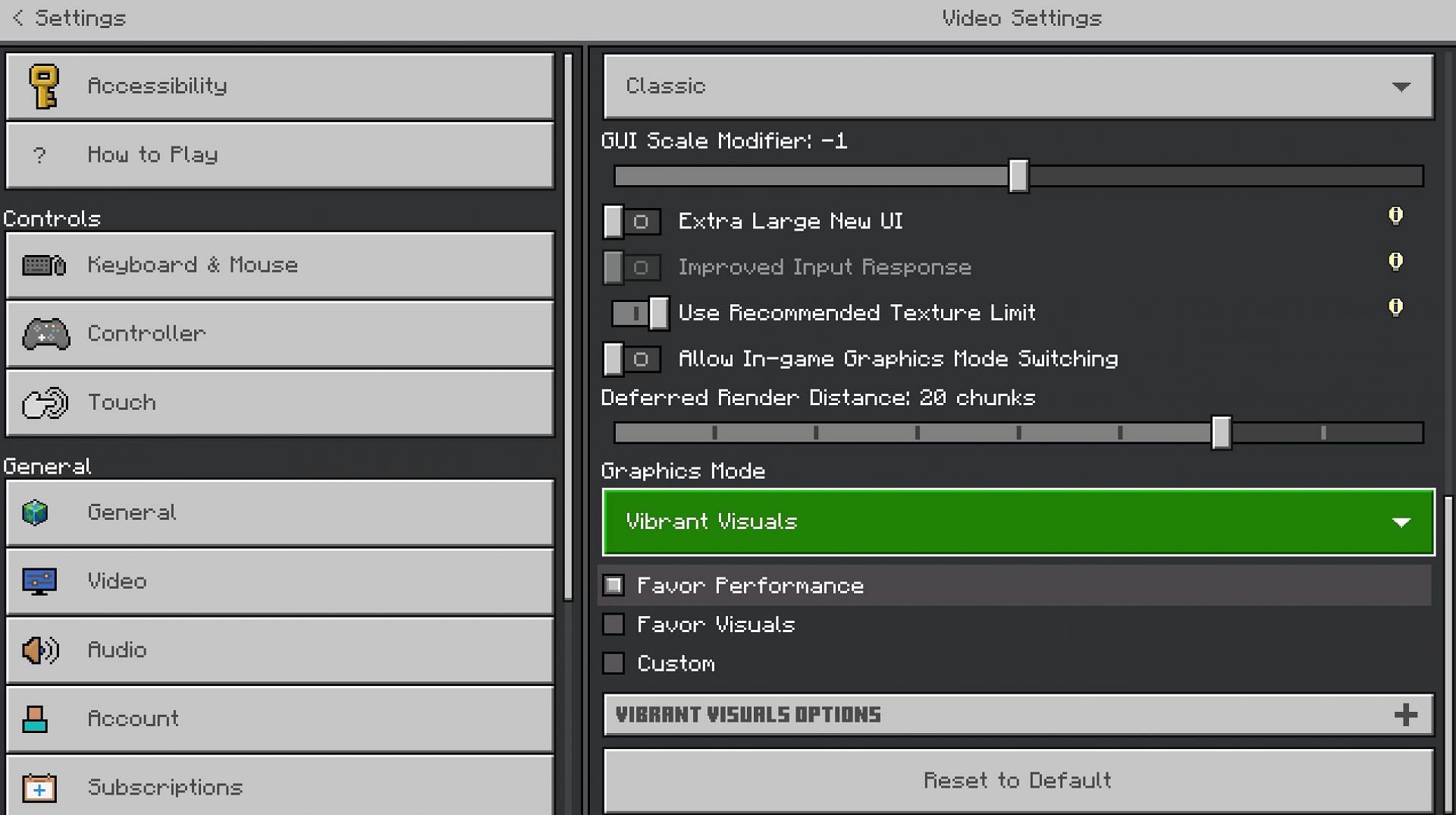 Vibrant Visuals can be turned on from the video settings tab (Image via Sportskeeda Gaming || Mojang Studios)